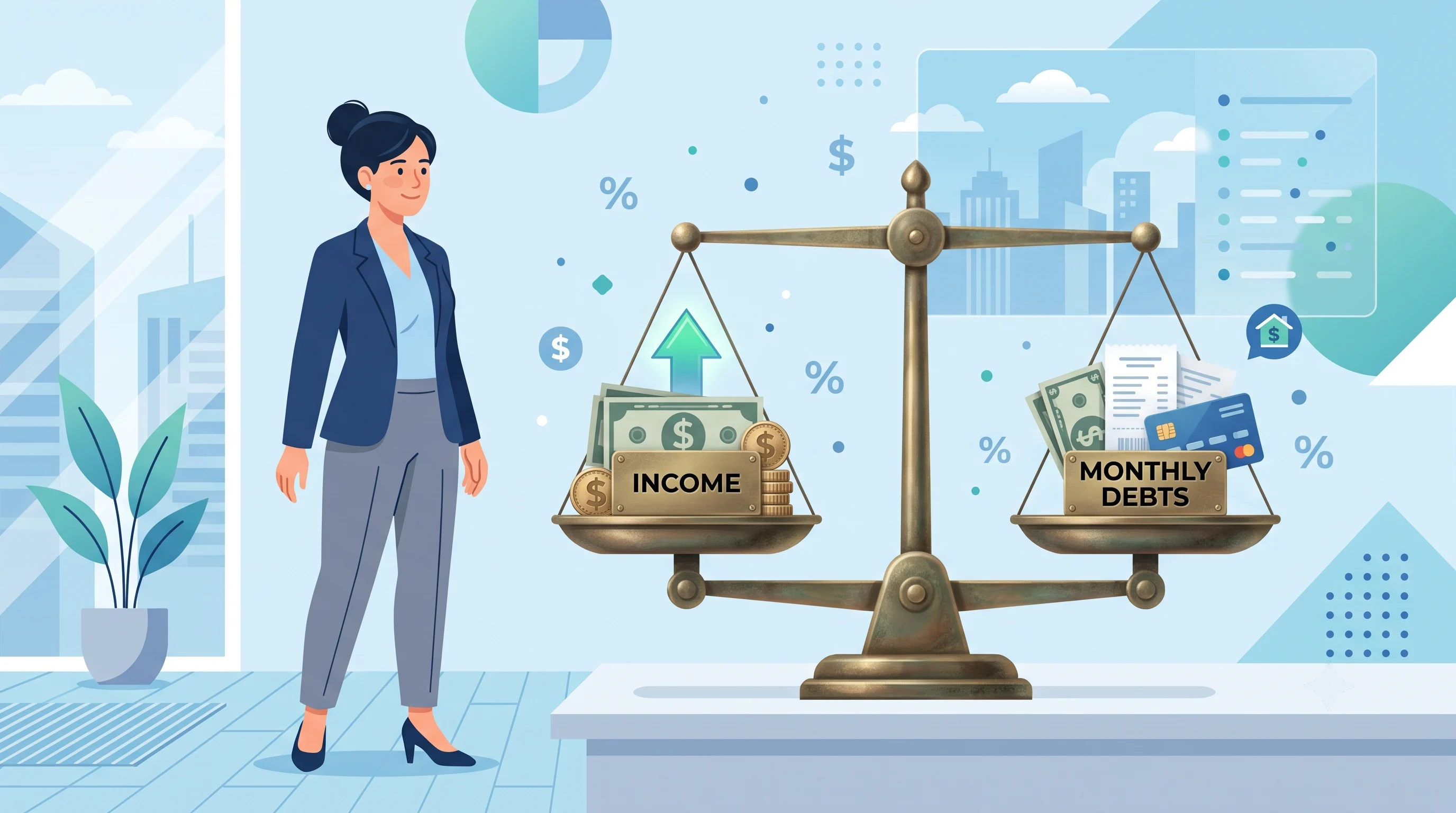 Debt-to-income calculator interface showing scale weighing monthly income against debt obligations