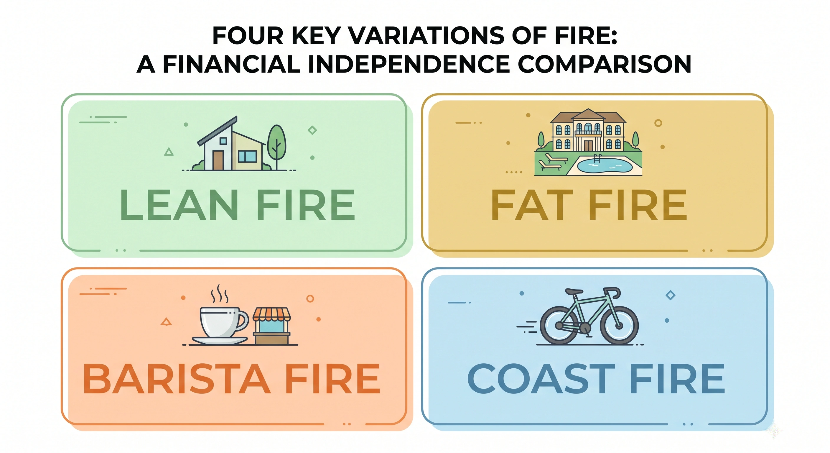 Comparison infographic of Lean FIRE, Fat FIRE, Barista FIRE, and Coast FIRE retirement strategies