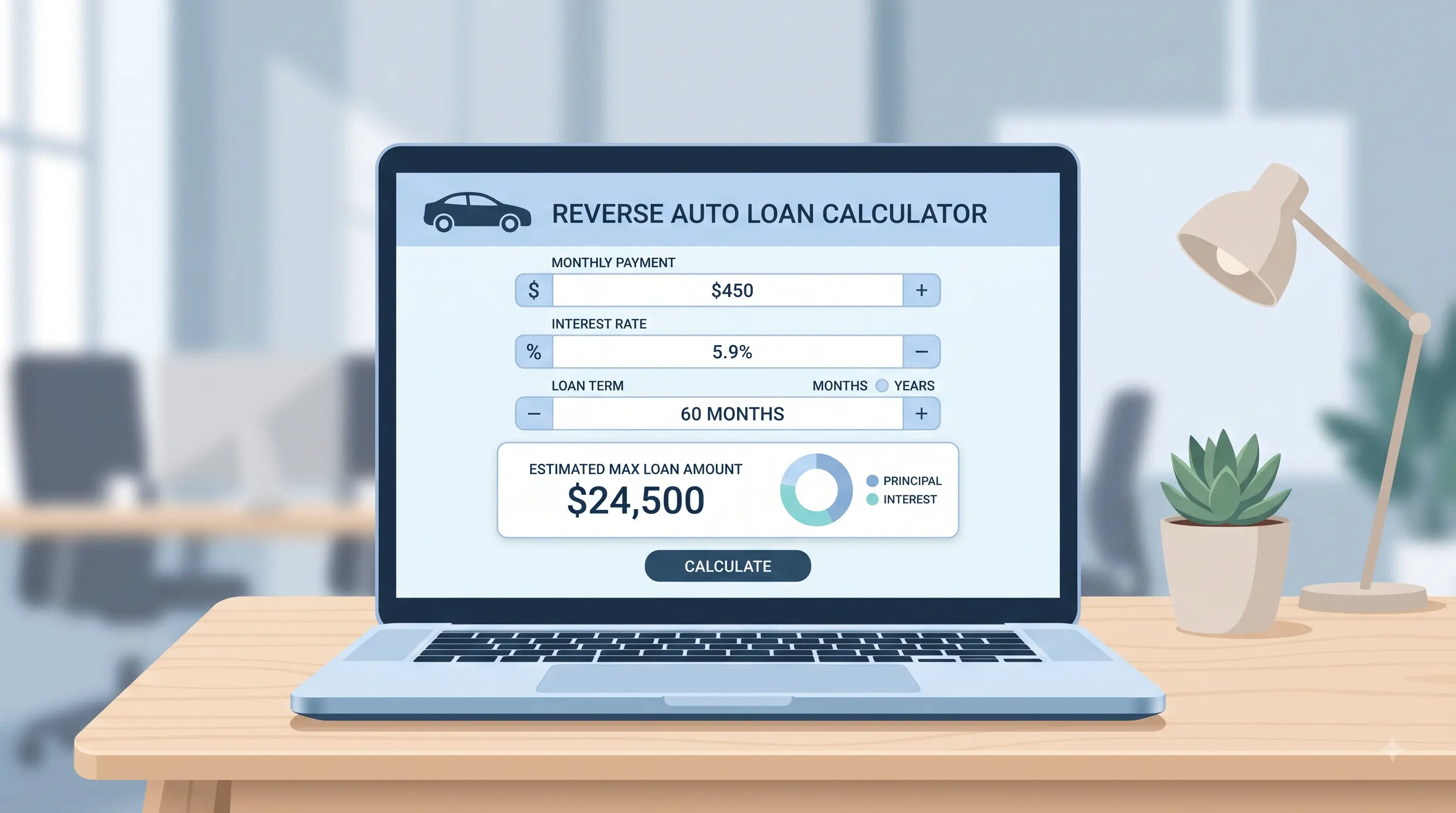 Reverse auto loan calculator interface showing monthly payment, interest rate, and loan term inputs